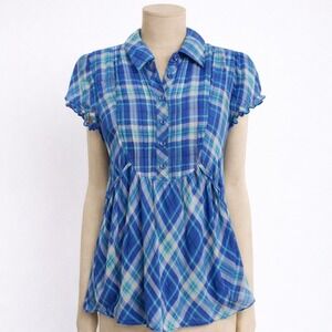Y2K Preppy 100% Silk Plaid Peplum Tunic Sz 4 Blue Schoolgirl Cottagecore Office